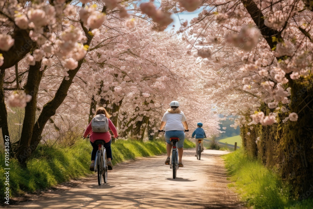 Family enjoys a bike ride under a canopy of spring cherry blossoms Family enjoys a bike ride under a canopy of spring cherry blossoms