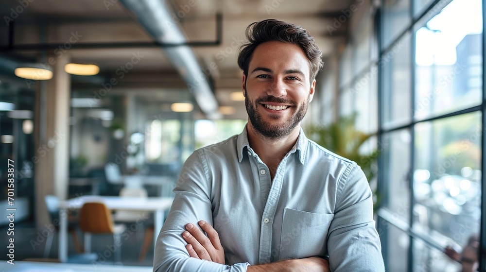 Portrait of cheerful businessman with arms folded standing in conference room. Happy young business man in shirt looking at camera Portrait of cheerful businessman with arms folded standing in conference room. Happy young business man in shirt looking at camera