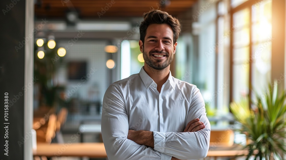 Fototapeta premium Portrait of cheerful businessman with arms folded standing in conference room.