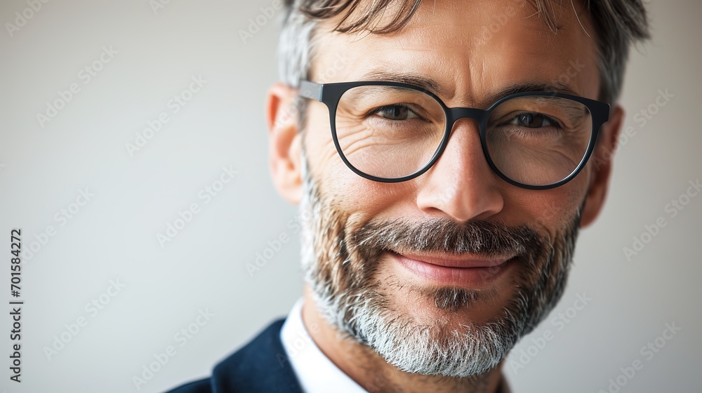 Portrait of smiling mid adult entrepreneur. Confident male executive is wearing glasses and suit.