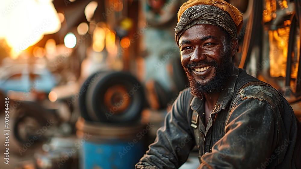 Happy African male car mechanic behind tire service concept Happy African male car mechanic behind tire service concept