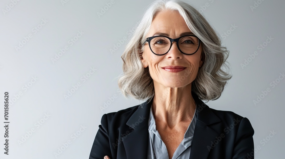Smiling confident middle aged business woman standing isolated on white background. Old senior businesswoman, 60s grey haired lady professional female manager, leader looking at camera