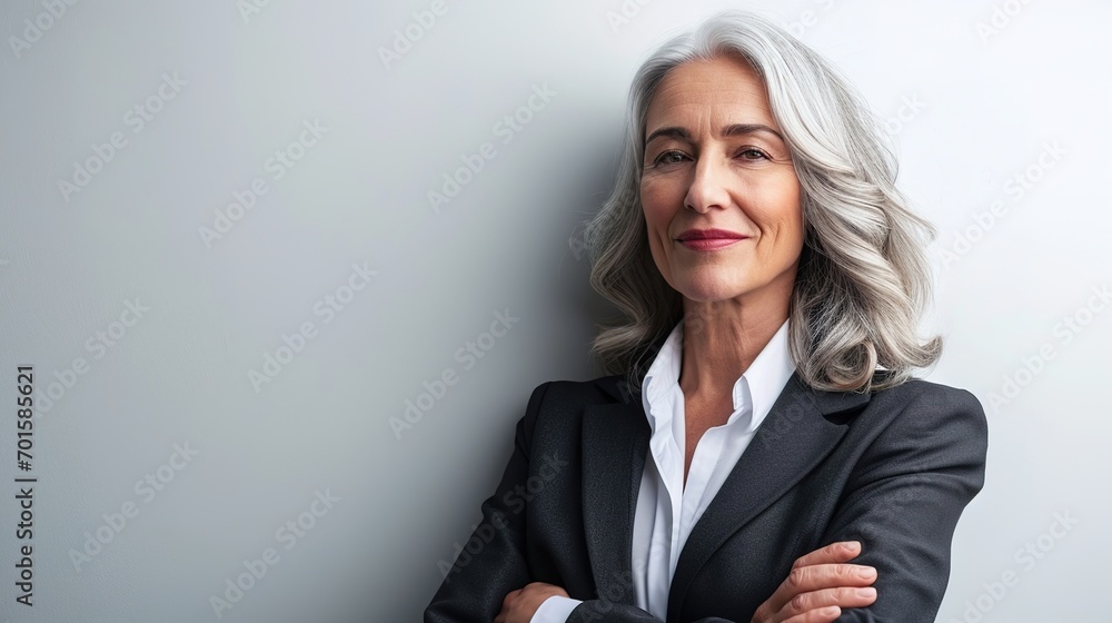 Smiling confident middle aged business woman standing isolated on white background. Old senior businesswoman, 60s grey haired lady professional female manager, leader looking at camera Smiling confident middle aged business woman standing isolated on white background. Old senior businesswoman, 60s grey haired lady professional female manager, leader looking at camera