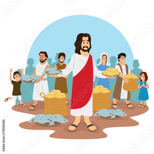 Jesus fed 5000 people by performing a miracle of multiplying 5 loaves of bread and 2 fish into a very large number