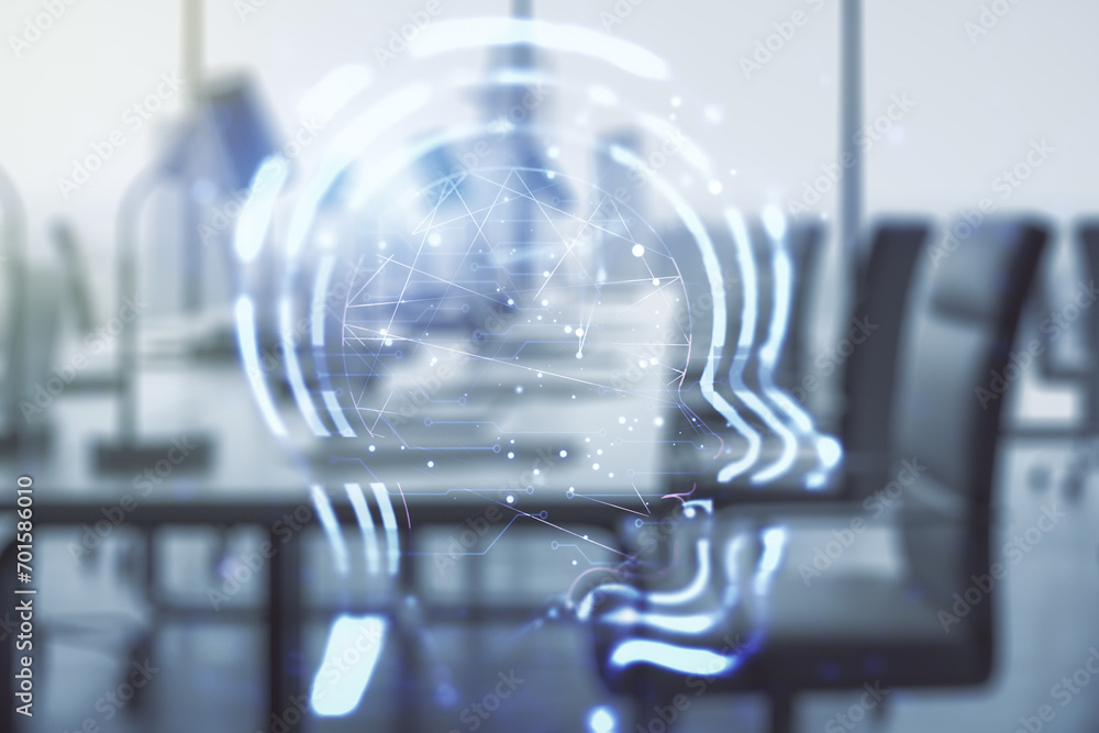 Abstract virtual artificial Intelligence interface with human head hologram on a modern furnished office background. Multiexposure Abstract virtual artificial Intelligence interface with human head hologram on a modern furnished office background. Multiexposure