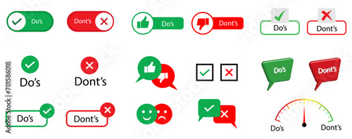 Do's and Don'ts Icon Set in Flat Style. Simple Right and Wrong Sign Icon Set, good and bad vector illustration