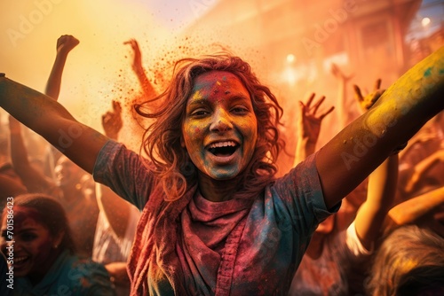 Woman in ecstatic joy amidst the Holi festival's colorful ambiance