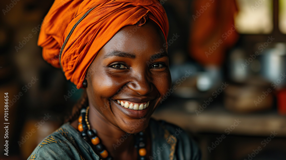 Smiling middle-aged African American woman in orange headdress Beautiful black woman in casual clothes and the traditional turban at the Laughing House