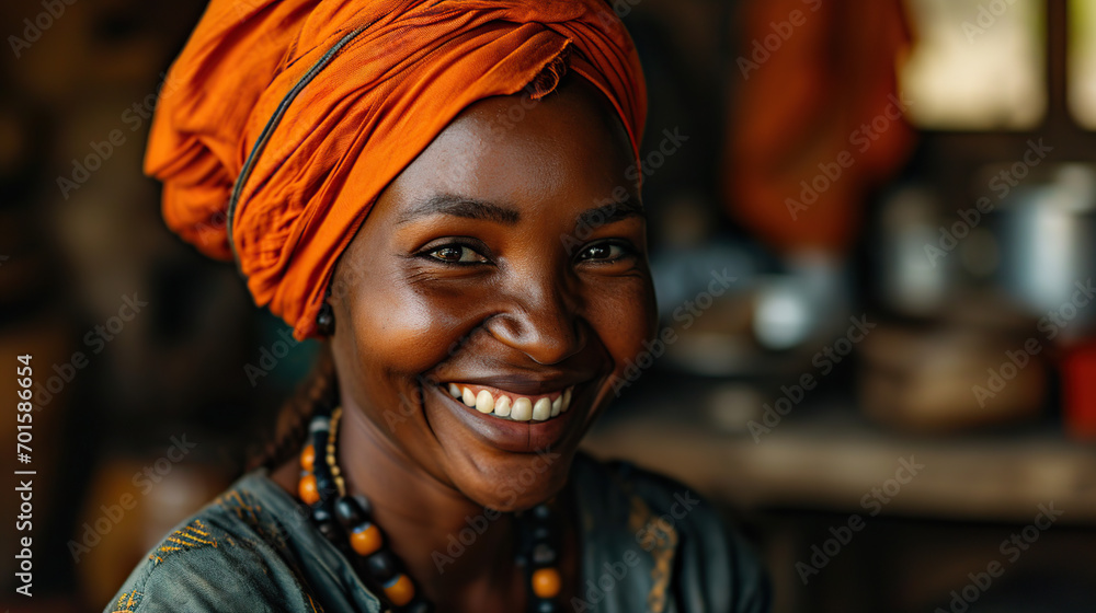 Smiling middle-aged African American woman in orange headdress Beautiful black woman in casual clothes and the traditional turban at the Laughing House Smiling middle-aged African American woman in orange headdress Beautiful black woman in casual clothes and the traditional turban at the Laughing House