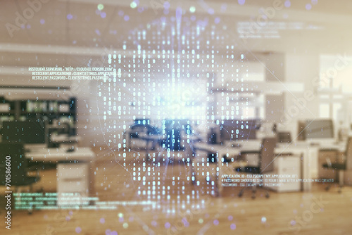 Abstract virtual code skull hologram on a modern furnished classroom background, cybercrime and hacking concept. Multiexposure