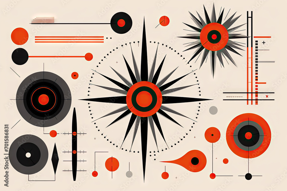 Obraz premium Brutalist abstract geometric shapes and grids. Brutal contemporary figure star oval spiral flower and other primitive elements. Swiss design aesthetic. Bauhaus memphis design.