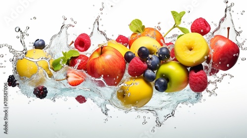 Many fruits and vegetables falling in water with white background