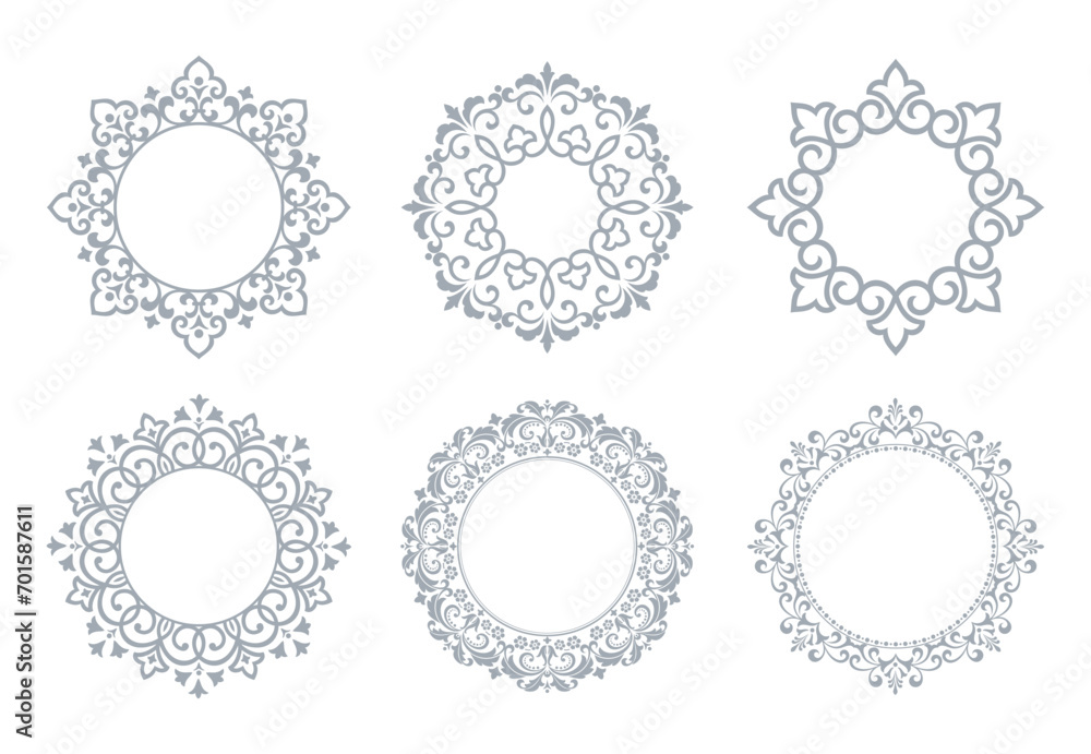 Fototapeta premium Set of decorative frames Elegant vector element for design in Eastern style, place for text. Floral gray and white borders. Lace illustration for invitations and greeting cards