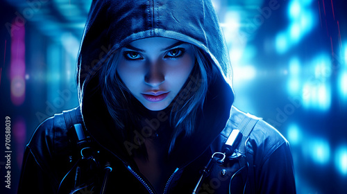 A captivating female assassin cloaked in mystery and beauty, donning a hood. A hired elite underground agent, she navigates the shadows with deadly precision and unparalleled skill.