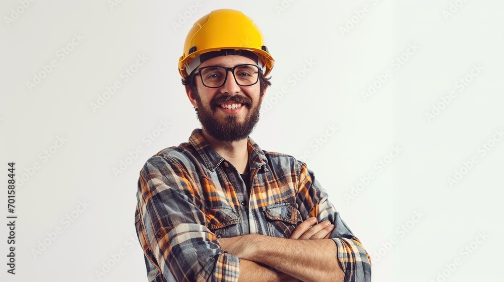 Young architect man wearing a builder's safety helmet against a solitary background, smiling with crossed arms and looking at the camera. Positive personality. isolated white background in studio Young architect man wearing a builder's safety helmet against a solitary background, smiling with crossed arms and looking at the camera. Positive personality. isolated white background in studio