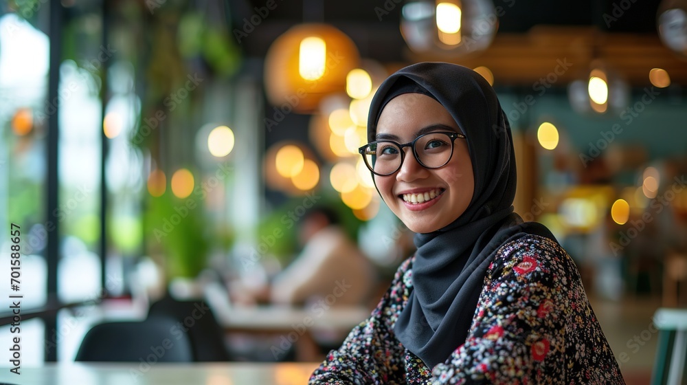 Young asian muslim business woman in smart casual wear discussing business and smiling while sitting in the creative coworking Young asian muslim business woman in smart casual wear discussing business and smiling while sitting in the creative coworking