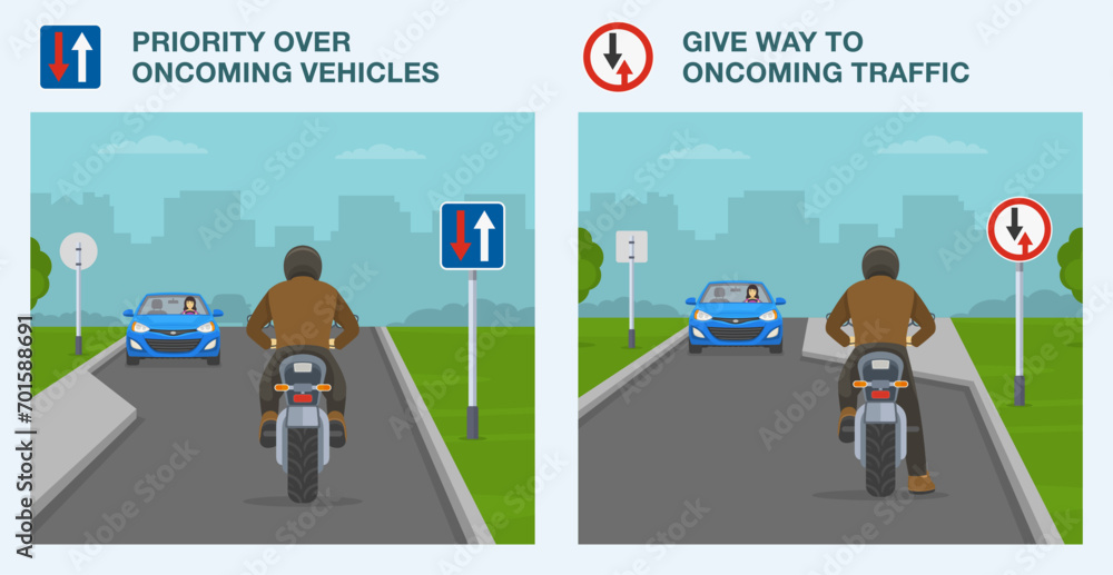 Safe car driving tips and traffic regulation rules. Priority over oncoming vehicles and give way to oncoming traffic road sign. Back view of a motorcycle rider. Flat vector illustration template. Safe car driving tips and traffic regulation rules. Priority over oncoming vehicles and give way to oncoming traffic road sign. Back view of a motorcycle rider. Flat vector illustration template.