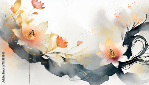 Tło kwiatowe w stylu chińskiego malarstwa tuszem, dekoracja ścienna, generative ai