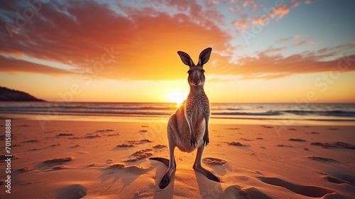 the graceful silhouette of a kangaroo against the soothing scenery of the beach
