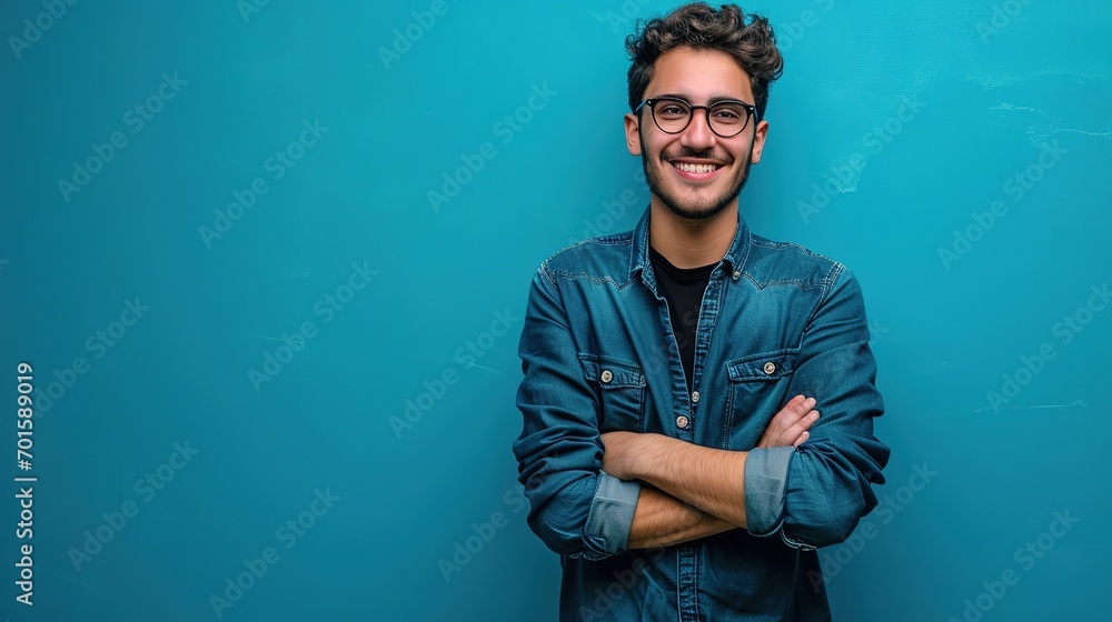 young man with crossed arms and a positive, self-assured smile looks at the camera while sporting a blue shirt and glasses. young man with crossed arms and a positive, self-assured smile looks at the camera while sporting a blue shirt and glasses.