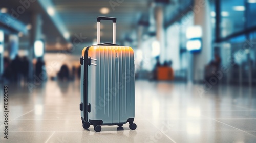 traveller suitcase in airport with blurred lighted background