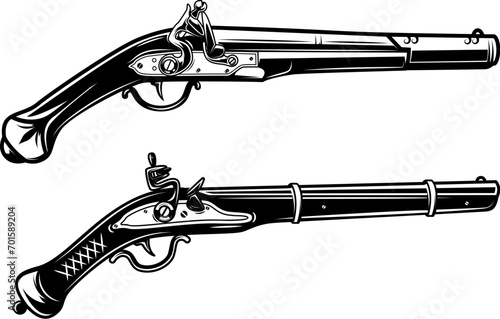 Illustration of old mushket gun isolated on white background. Design element for emblem, sign, poster, badge. Vector illustration photo