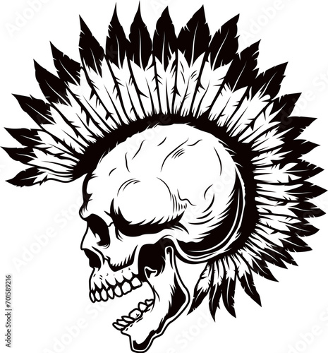 Illustration of a skull of native american with punk hairstyle . Design element for poster, emblem, sign, badge. Vector illustration