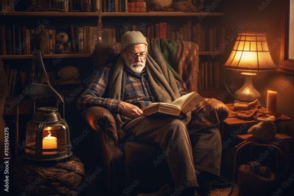 Elderly man reading book in cozy home setting. Comfort and leisure time.