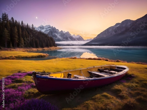 Tranquility in Nature: Pine Mountain Sunset with Boat on the Lake