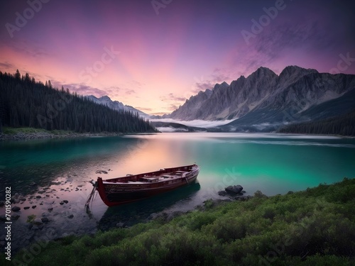 Scenic Serenity: Sunset Over Pine Mountains with a Floating Boat
