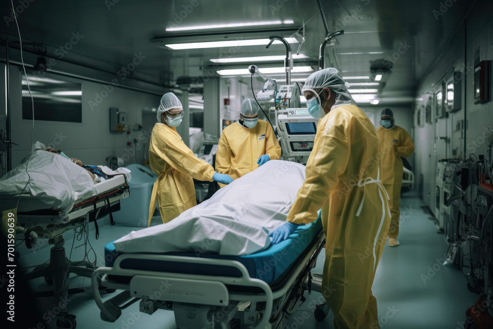 Ambulance doctor wearing protective suit pushing stretcher to van. Epidemic, quarantine, high biological protection suits. Ambulance doctor wearing protective suit pushing stretcher to van. Epidemic, quarantine, high biological protection suits.