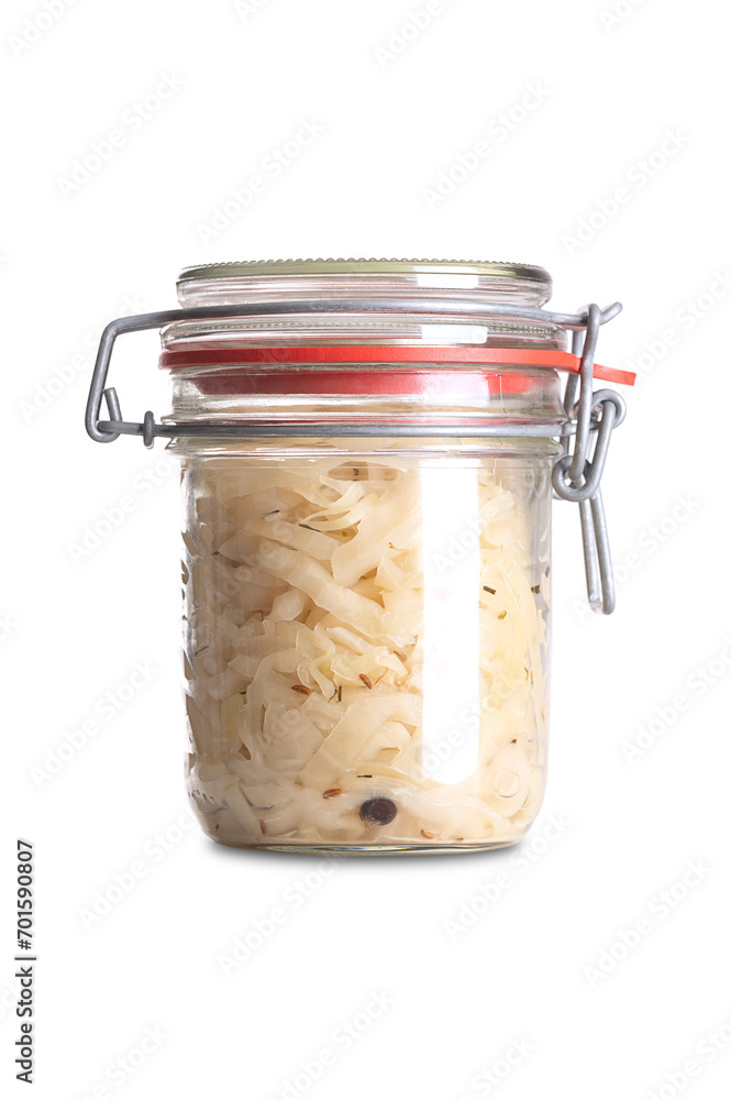 Foto de German sauerkraut, in swing top glass jar, front view. Cut raw