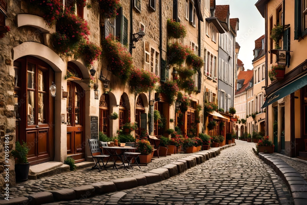 Fototapeta premium close-up of a charming cobblestone street in an old town, lined with quaint cafes and historic architecture, evoking a sense of wanderlust