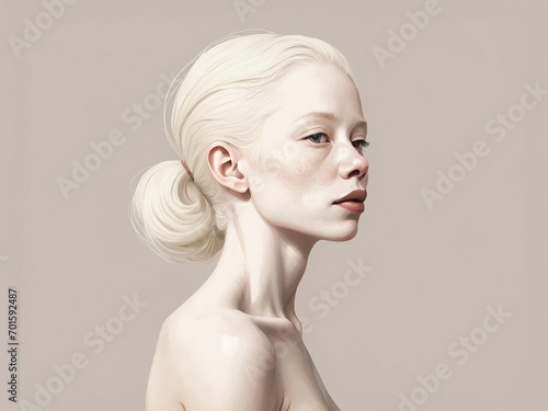 Minimalist Beauty - Illustration of a woman with albinism in a simplistic and neutral pose, emphasizing unique beauty and minimal clothing Gen AI