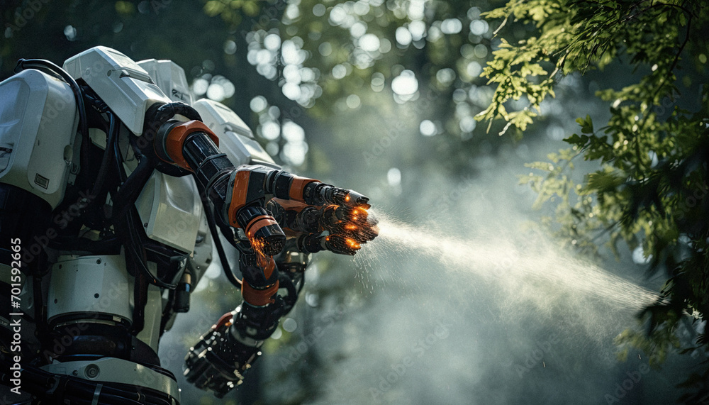 firefighting Robot spraying water on a tree on fire in the forest.