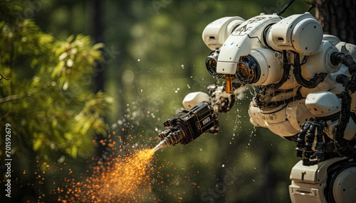 firefighting Robot spraying white foam on trees on fire during a severe wildfire in the forest. © maxwellmonty