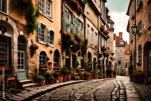 close-up of a charming cobblestone street in an old town, lined with quaint cafes and historic architecture, evoking a sense of wanderlust