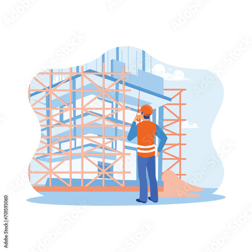 Architect engineer working on construction site. Architects wear safety helmets and communicate using handy talkies. Architect and engineer construction concept. Trend Modern vector flat illustration