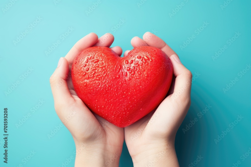 A heart-shaped strawberry held in hands against a bright blue backdrop, symbolizing love and health A heart-shaped strawberry held in hands against a bright blue backdrop, symbolizing love and health