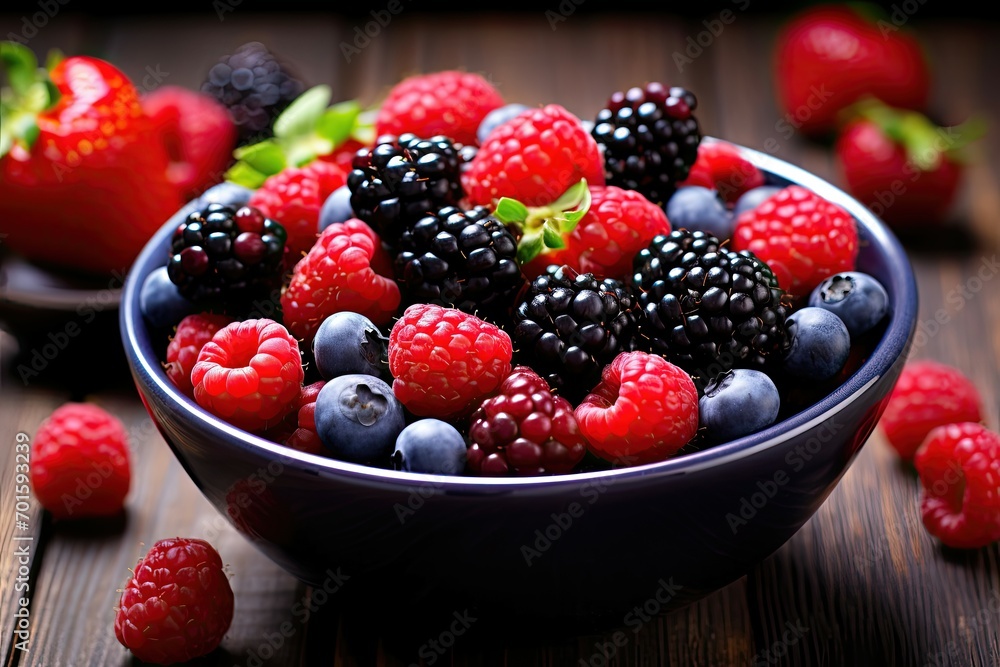 A bowl brimming with assorted berries, showcasing nature’s colorful bounty against a dark wood backdrop A bowl brimming with assorted berries, showcasing nature’s colorful bounty against a dark wood backdrop