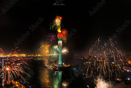 New Year's Eve Fireworks in Lotus tower, Sri Lanka.....  photo