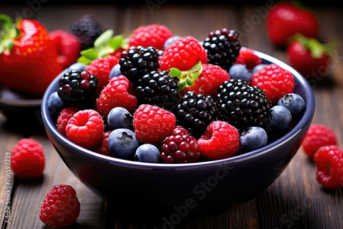 A bowl brimming with assorted berries  showcasing nature   s colorful bounty against a dark wood backdrop