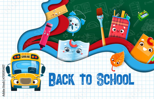 Back to school paper cut banner with funny stationery and bus characters. Vector background with cute cartoon notebook, alarm clock, ruler and paintbrush, felt-tip pen, sharpener, pencil case and leaf