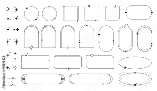 Minimal line frames with star sparkles and twinkles, linear borders and arch shapes, vector icons. Abstract simple line art frames with geometric, square and round circle with outline sparkling stars