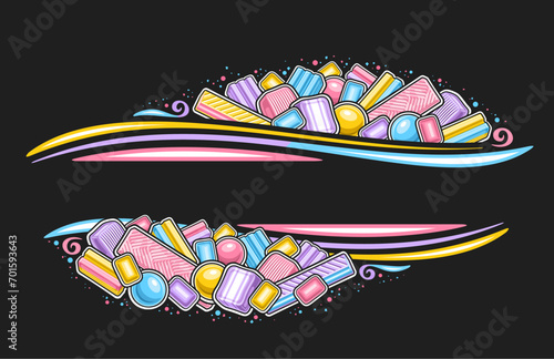 Vector border for Bubble Gum with blank copy space for ad text, horizontal sign board with illustration of variety bubble gums, decorative layout with group of vibrant bubblegums on dark background