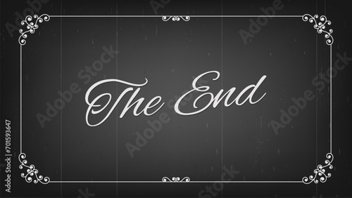Vintage border of silent movie cinema, film end screen with floral frame, vector background. Hollywood cinema and retro movie theater The End screen with grunge scratches and flourish frame on screen photo