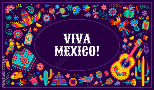 Viva Mexico banner with alebrije traditional festive items. Vector background with sombrero, birds, tropical flowers and guitar. Maracas, cacti, tequila, pyramid and tex mex food, taco or nachos