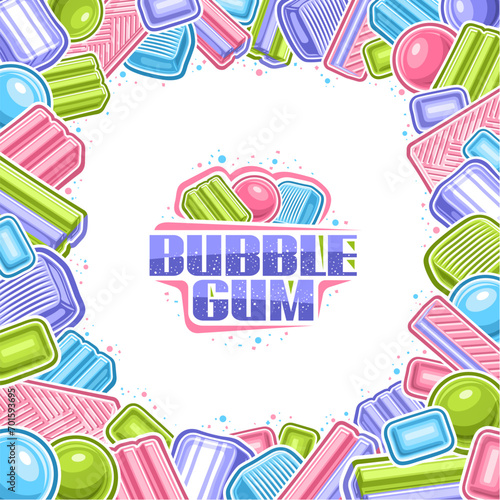 Vector Bubble Gum Frame, square placard with cartoon design various bubblegum composition, group of many vibrant minty bubblegums, yummy variety candies and purple text bubble gum on white background