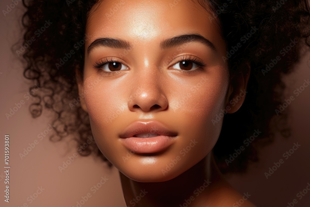 Close-up of a young woman with glowing skin and curly hair Close-up of a young woman with glowing skin and curly hair