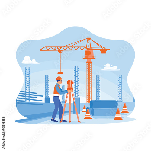 Engineer builder surveyor with theodolite transit equipment at the construction site outdoors. The building engineer is on the roof floor. Architect and engineer construction concept. 